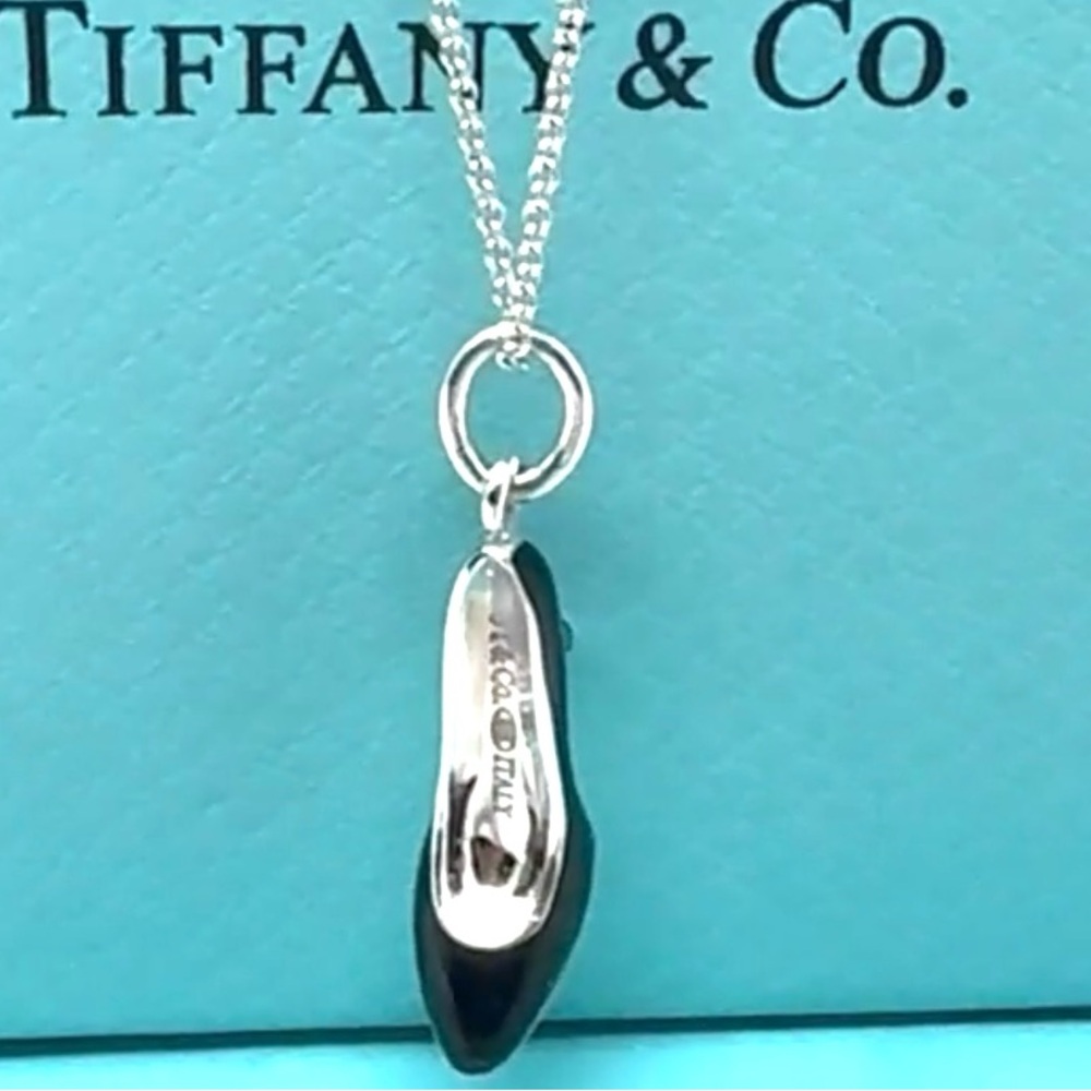 Authentic Tiffany & Co. Enamel Black High Heels Shoe Pendant Necklace.